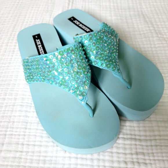 Joe Boxer Womens 9 Blue Aqua Platform Flip Flop Sandals Sequins Y2K McBling - Picture 1 of 9